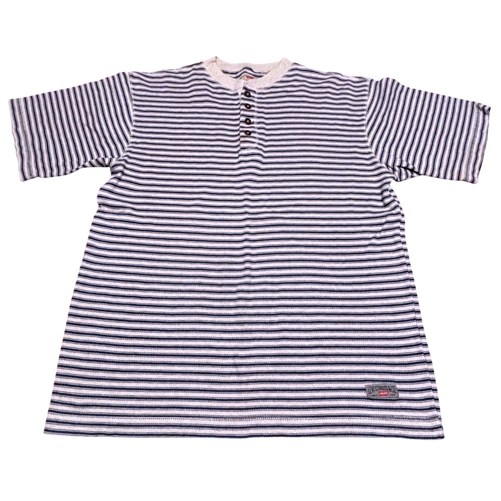 VTG 90s Levis Blue Striped Ribbed Knit Henley Shirt Size Large Made in Saipan